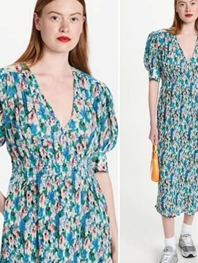 GANNI Pleated Floral Georgette Dress In Floral Azure Blue Size 36 US 4🌱 Spring